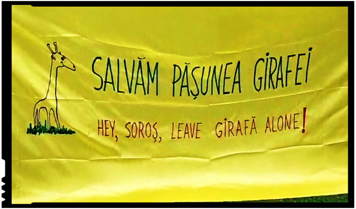 Protest în fața Muzeului Antipa: "Salvați pășunea girafei! Hey, Soros, leave Girafă alone!"