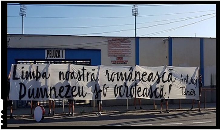 Nemernicia nemerniciilor: un mesaj de Ziua Limbii Române interzis pe stadionul din Mediaș, FOTO: https://www.facebook.com/baietiiveseliiasiromania/