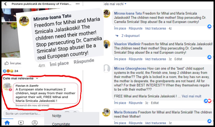 PROTEST al românilor pe pagina de facebook a Ambasadei Finlandei, pentru cazul Smicala