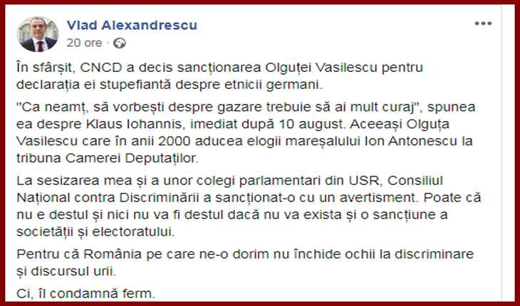 Bucurie bolșevică din partea USR-istului Vlad Alexandrescu după sancționarea Olguței Vasilescu de către CNCD, Foto: captură facebook