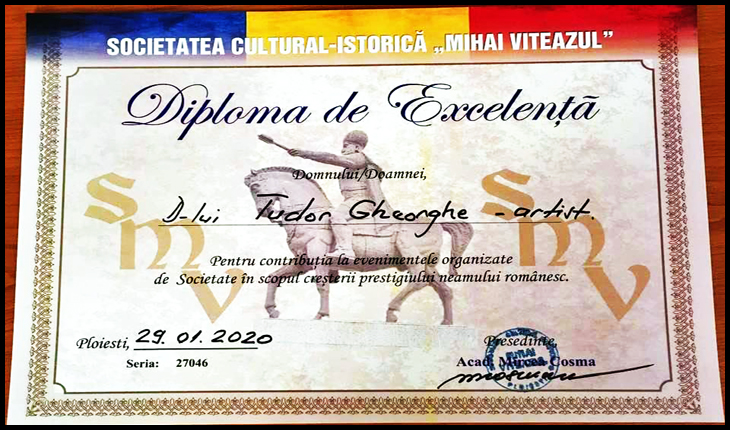 Diplomă de excelență oferită lui Tudor Gheorghe de Societatea cultural-istorică “Mihai Viteazul” din Ploiești