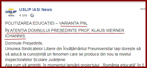 Paradox la IAȘI în învățământ: să te plângi tocmai lui Iohannis de hoția PNL-ului!?, Foto: captură Facebook / USLIP Iași