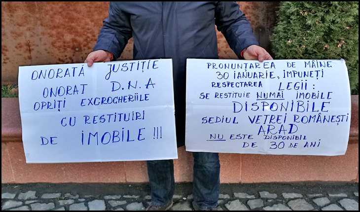 Sediul Vetrei Româneşti de pe str. Revoluţiei 55 din Arad a fost câştigat în instanţă de către un bătrânel septuagenar