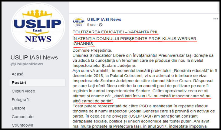 Paradox la IAȘI în învățământ: să te plângi tocmai lui Iohannis de hoția PNL-ului!?, Foto: captură Facebook / USLIP Iași