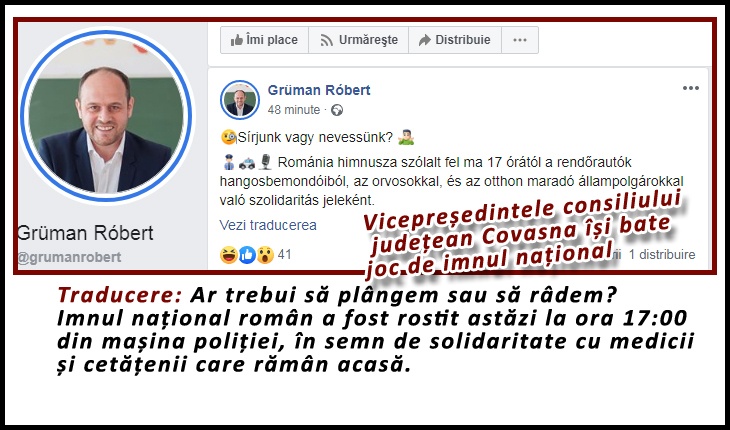 Ce sinecuri antinaționale mai subvenționează statul român: Vicepreședintele consiliului județean Covasna își bate joc de imnul național!