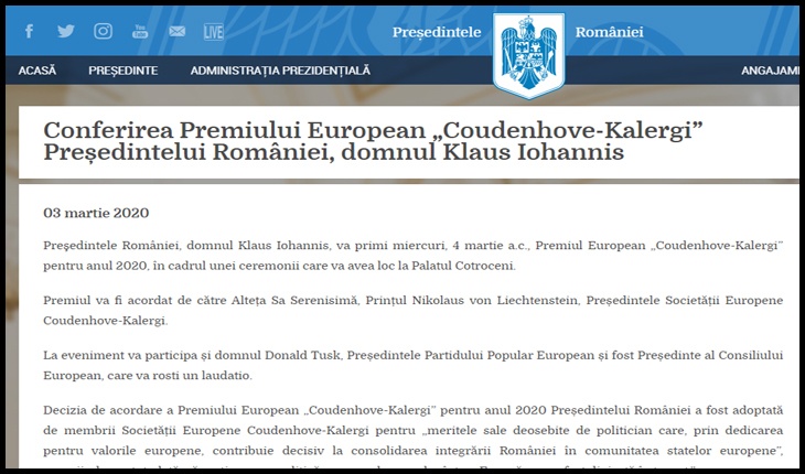 Planul Kalergi continuă în România! După Emil Constantinescu, și Iohannis primește premiul Kalergi, Foto: captură presidency.ro