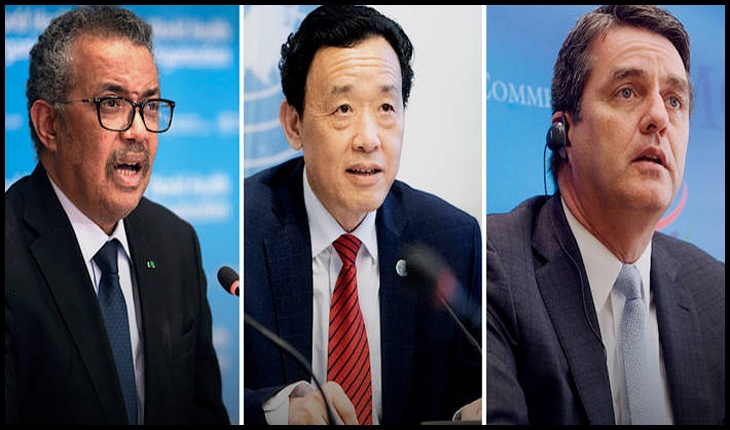 Tedros Adhanom Ghebreyesus, QU Dongyu și Roberto Azevedo, directorii generali ai OMS, FAO și OMC. Foto:©FAO