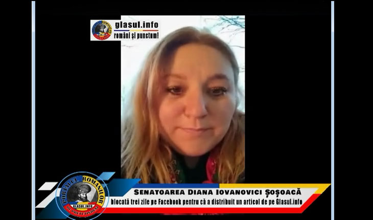 (VIDEO) Senatoarea Diana Iovanovici-Șoșoacă blocată trei zile pe facebook pentru că a distribuit un articol de pe Glasul.info