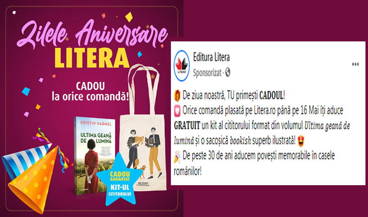 Editura Litera își recompensează cititorii: Orice comandă plasată pe Litera.ro până pe 16 Mai îți aduce 𝐆𝐑𝐀𝐓𝐔𝐈𝐓 un kit al cititorului format din volumul 𝑈𝑙𝑡𝑖𝑚𝑎 𝑔𝑒𝑎𝑛𝑎̆ 𝑑𝑒 𝑙𝑢𝑚𝑖𝑛𝑎̆ și o sacoșică 𝑏𝑜𝑜𝑘𝑖𝑠ℎ superb ilustrată!