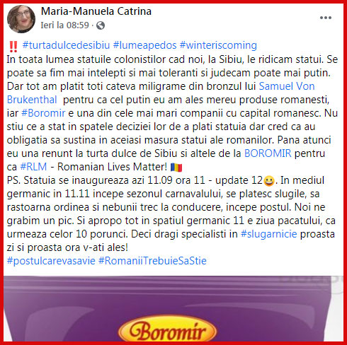 O româncă adevărată din Sibiu ia atitudine împotriva companiei Boromir: "Au obligația să susțină în aceaași măsură statui ale românilor!", Foto: faceboo/ Maria-Manuela Catrina