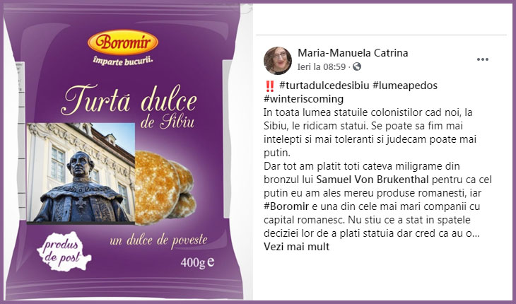 O româncă adevărată din Sibiu ia atitudine împotriva companiei Boromir: "Au obligația să susțină în aceaași măsură statui ale românilor!", Foto: faceboo/ Maria-Manuela Catrina