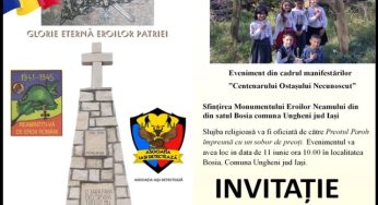 Pe 11 iunie 2023 va avea loc Sfințirea Monumentului Eroilor Neamului la Bosia, în comuna Ungheni, județul Iași