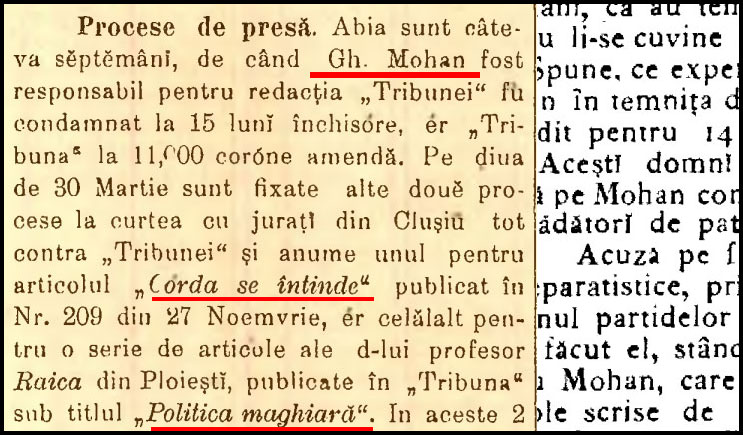 31 Martie 1903 - Jurnalistul român Gheorghe Mohan este din nou condamnat pentru “agitație” la 8 luni temniță și 1.600 coroane amendă, pentru articolul POLITICA MAGHIARĂ
