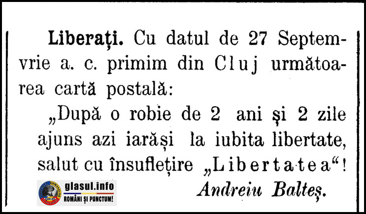 20 Mai 1901 - Redactorul patriot Andrei Balteș, de la TRIBUNA, este condamnat de către Curtea cu jurați din Cluj, la 15 luni temniță și 1.100 coroane amendă