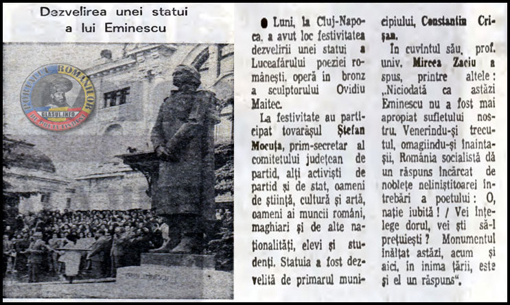 La 3 iunie 1976, în faţa Teatrului Naţional din Cluj-Napoca, se dezvelea statuia lui Mihai Eminescu