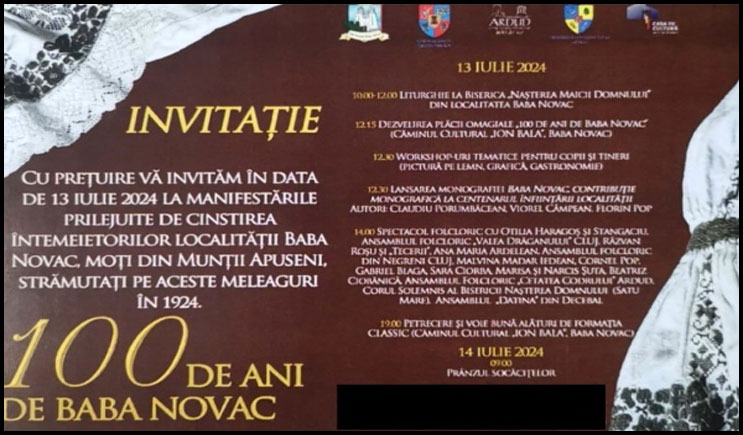INVITAȚIE. Centenarul satului Baba Novac