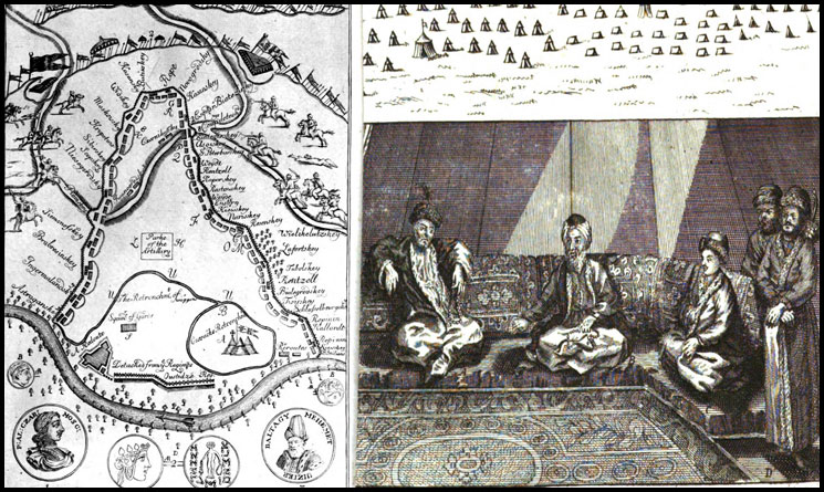 Bătălia de la Prut: ilustrație de William Hogarth (1697-1764) pentru relatarea călătoriilor lui Aubry de La Mottraye, 1724