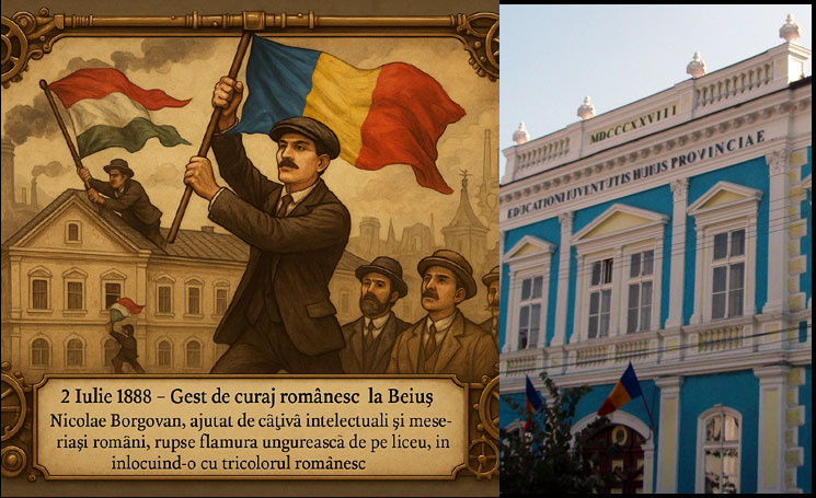 2 iulie 1888 – La Beiuș elevul Nicolae Borgovan, ajutat de câțiva intelectuali și meseriași români, rupse flamura ungurească de pe liceu, înlocuind-o cu tricolor românesc