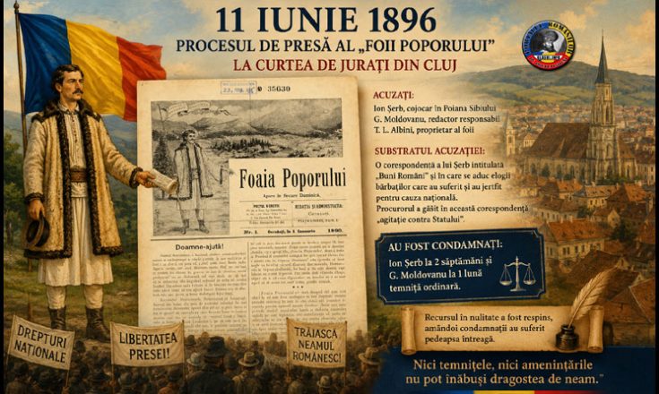 11 Iunie 1896 – A avut loc procesul de presă al „Foii Poporului" de la Curtea de jurați din Cluj, redactorii români fiind condamnați la 1 lună temniță ordinară