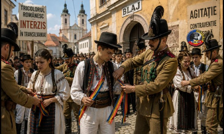 22 Iulie 1910 - La Blaj, jandarmii unguri descing de brâie tricolore, peste 20 feciori şi fete şi le fac proces de contravenţie şi agitaţie