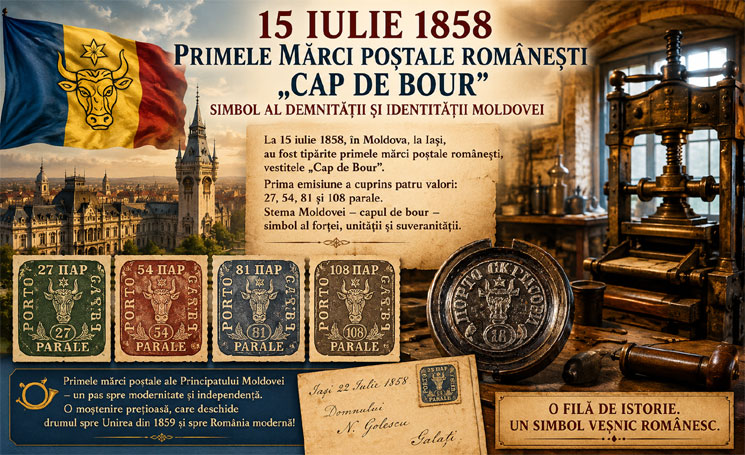 15 Iulie 1858- Au fost tipărite în Moldova, primele mărci poștale. Acestea erau vestitele "Cap de bour" a căror primă emisiune cuprindea patru timbre