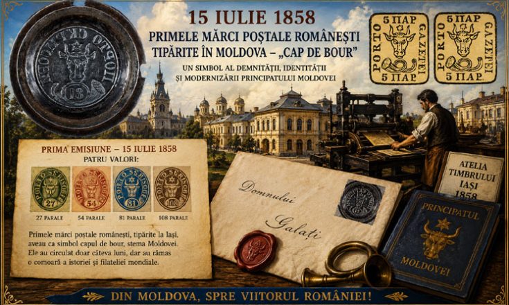 15 Iulie 1858- Au fost tipărite în Moldova, primele mărci poștale. Acestea erau vestitele "Cap de bour" a căror primă emisiune cuprindea patru timbre